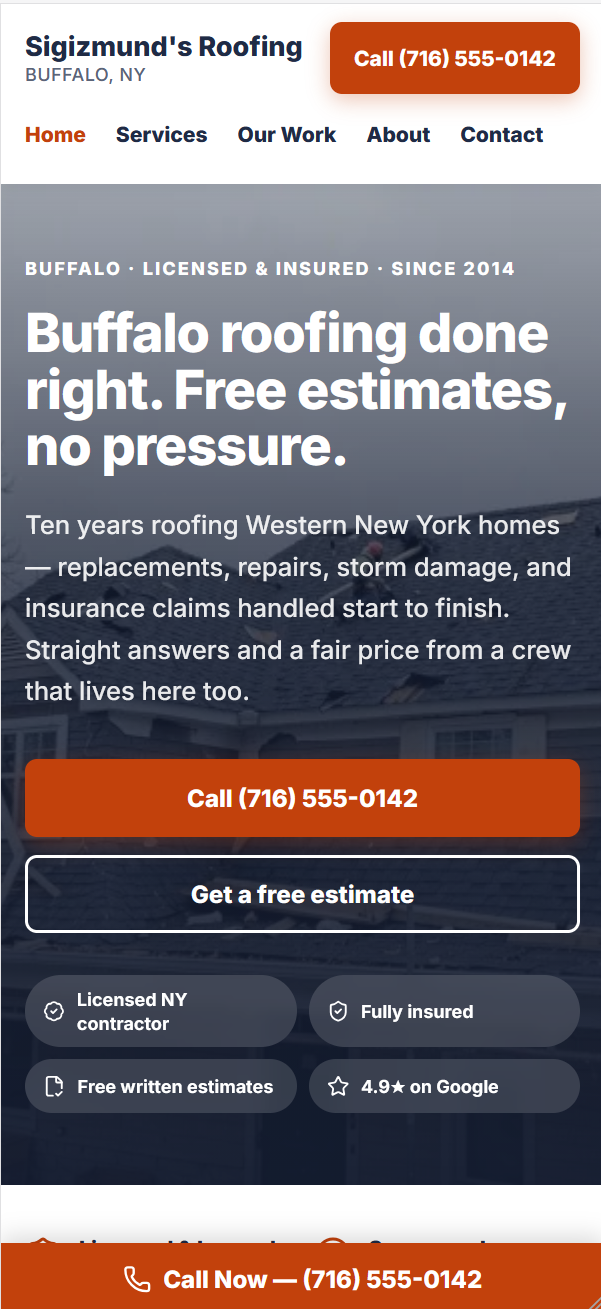Sigi's Roofing demo site shown on a phone