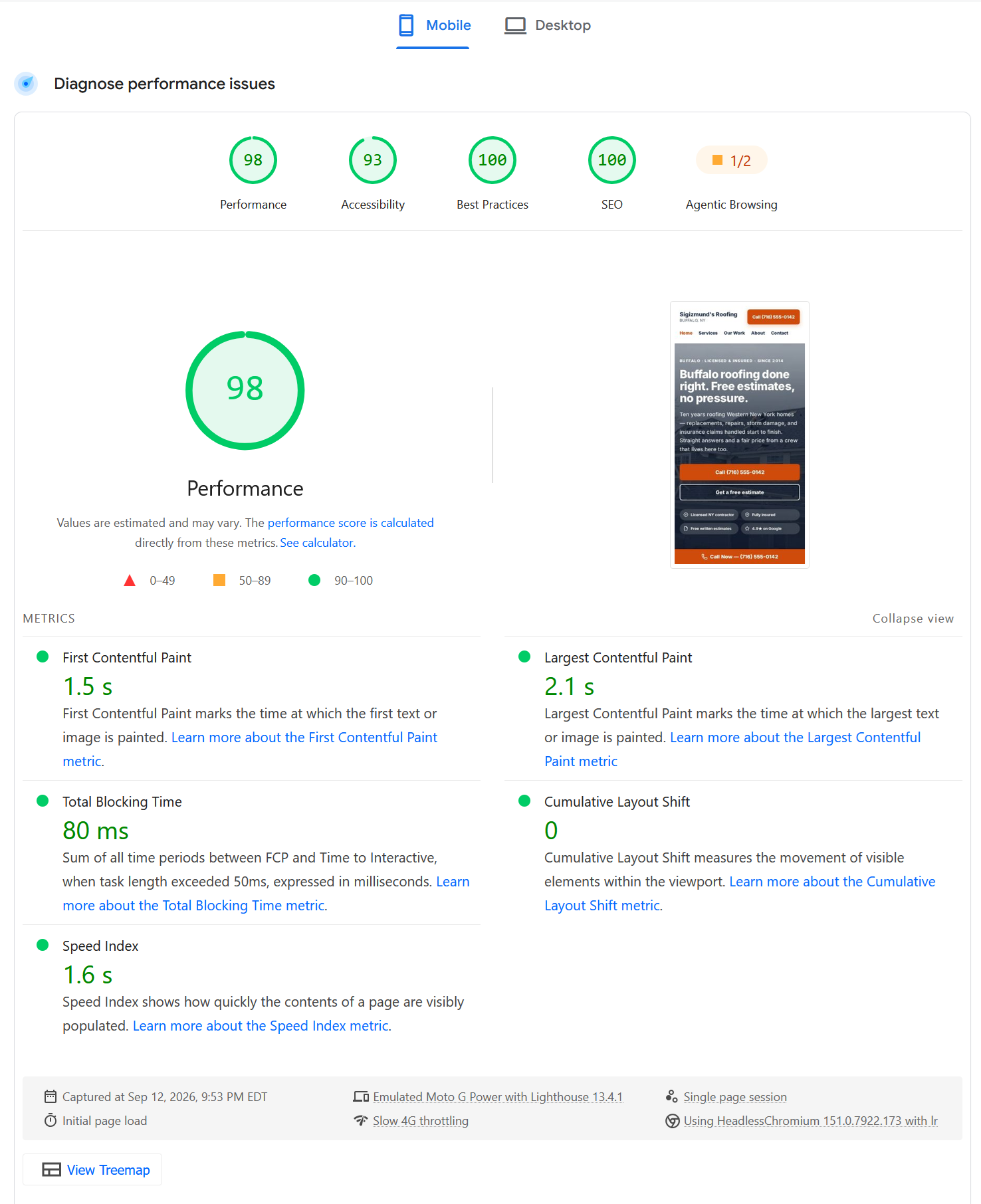 Google PageSpeed Insights mobile score